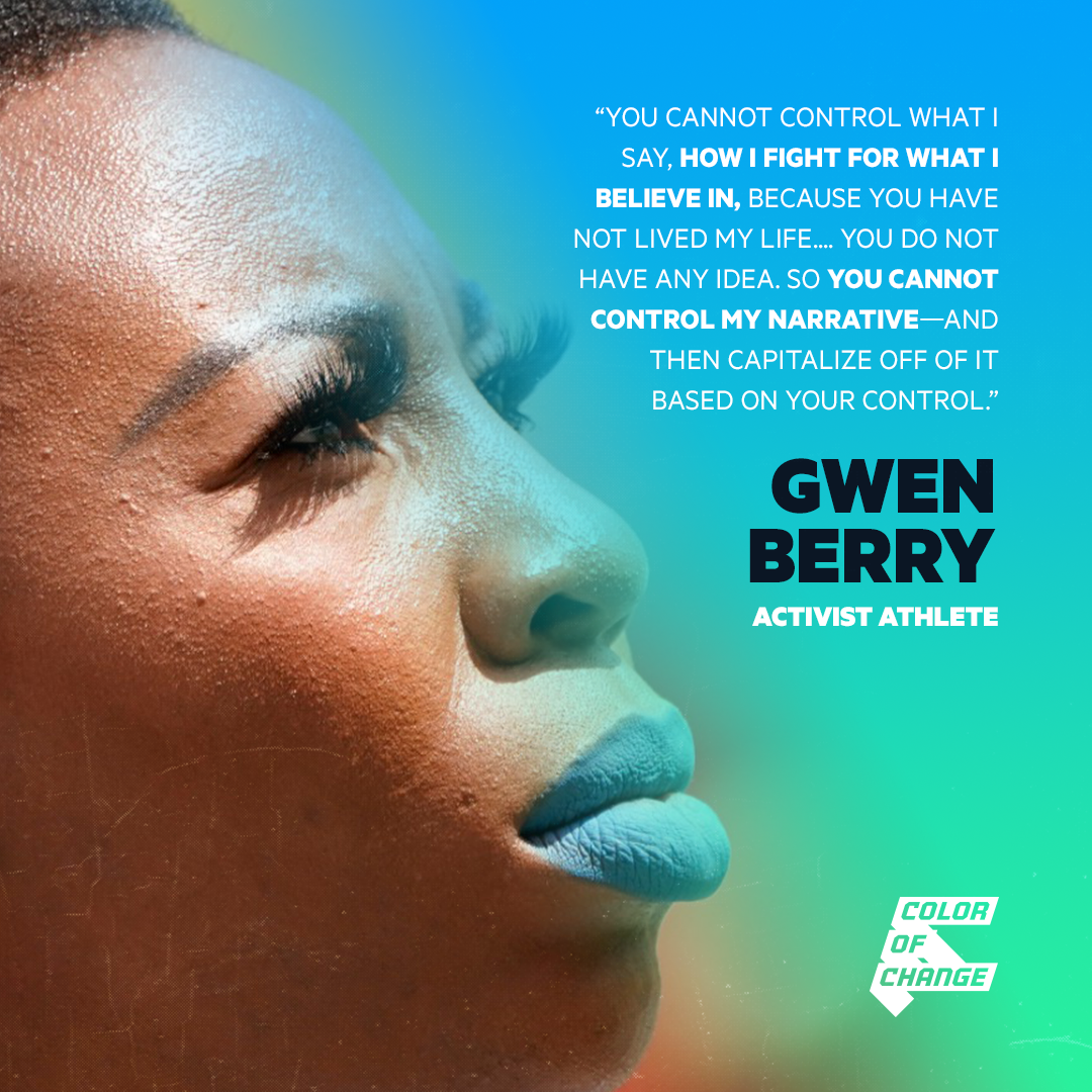 Photo of Athlete Activist Gwen Berry with a colorful blue background fading from green to bright blue. Text reads 