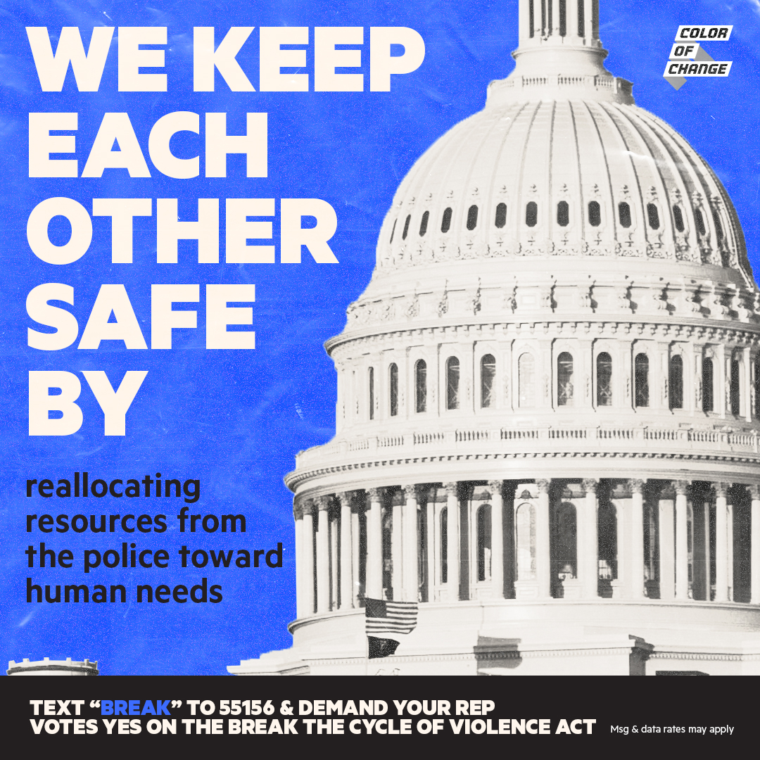 blue background with white capital building. we keep each other safe by reallocating resources from the police to human need. text BREAK to 55156 & demand your rep votes yes on the break the cycle of violence act