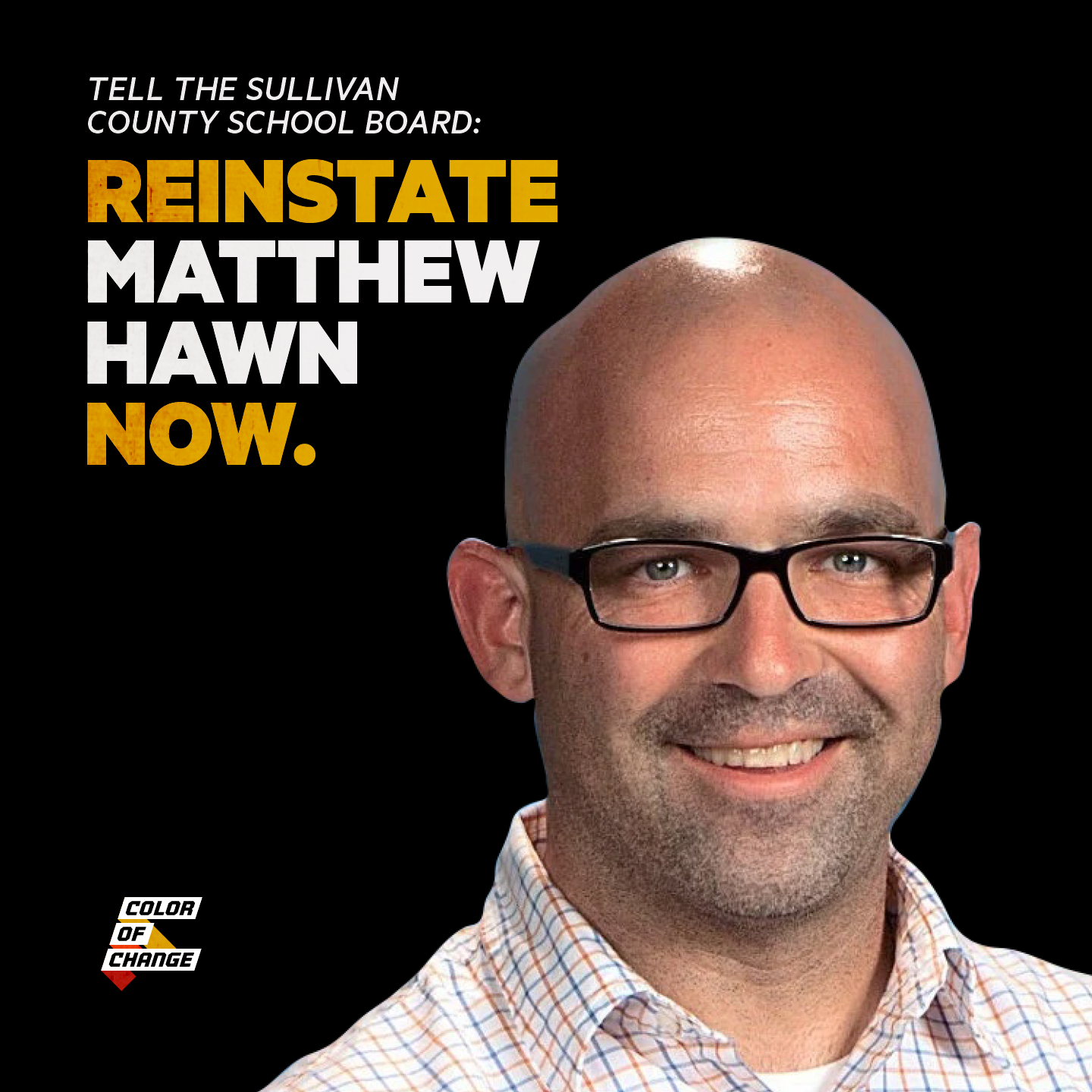 Image of Matthew Hawn's face next to white and yellow text that reads 