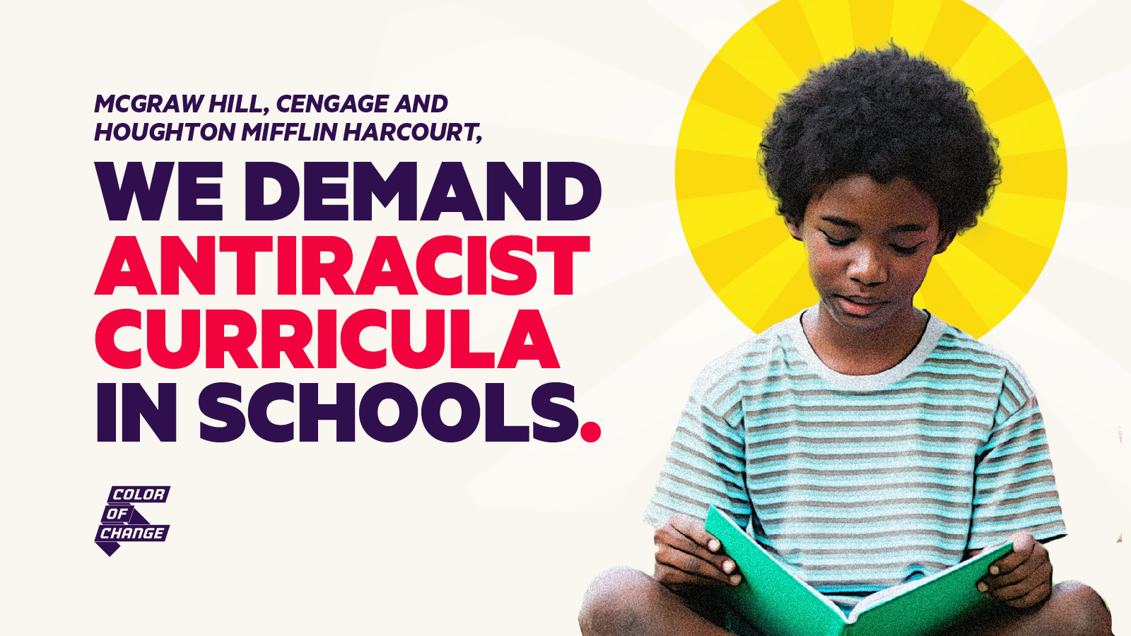 This graphic depicts a young Black boy reading a book, with purple text that reads: 