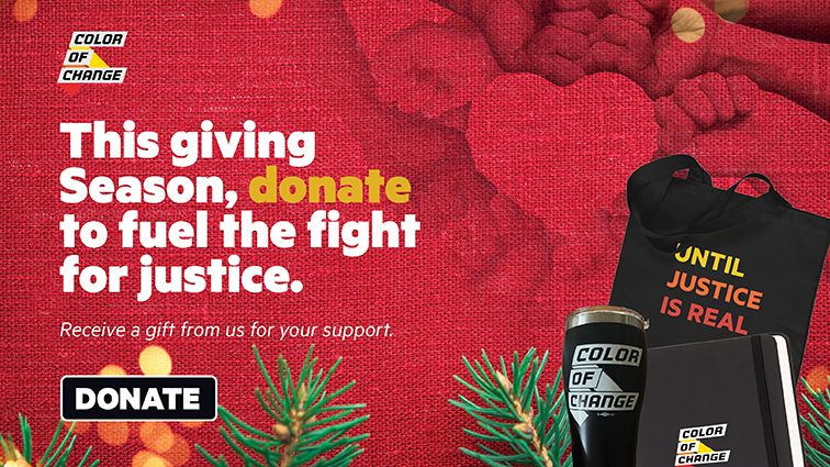 This Giving Season, Donate To Fuel The Fight For Justice / images of Color Of Change merch including a tote bag, a journal, and a tumbler mug