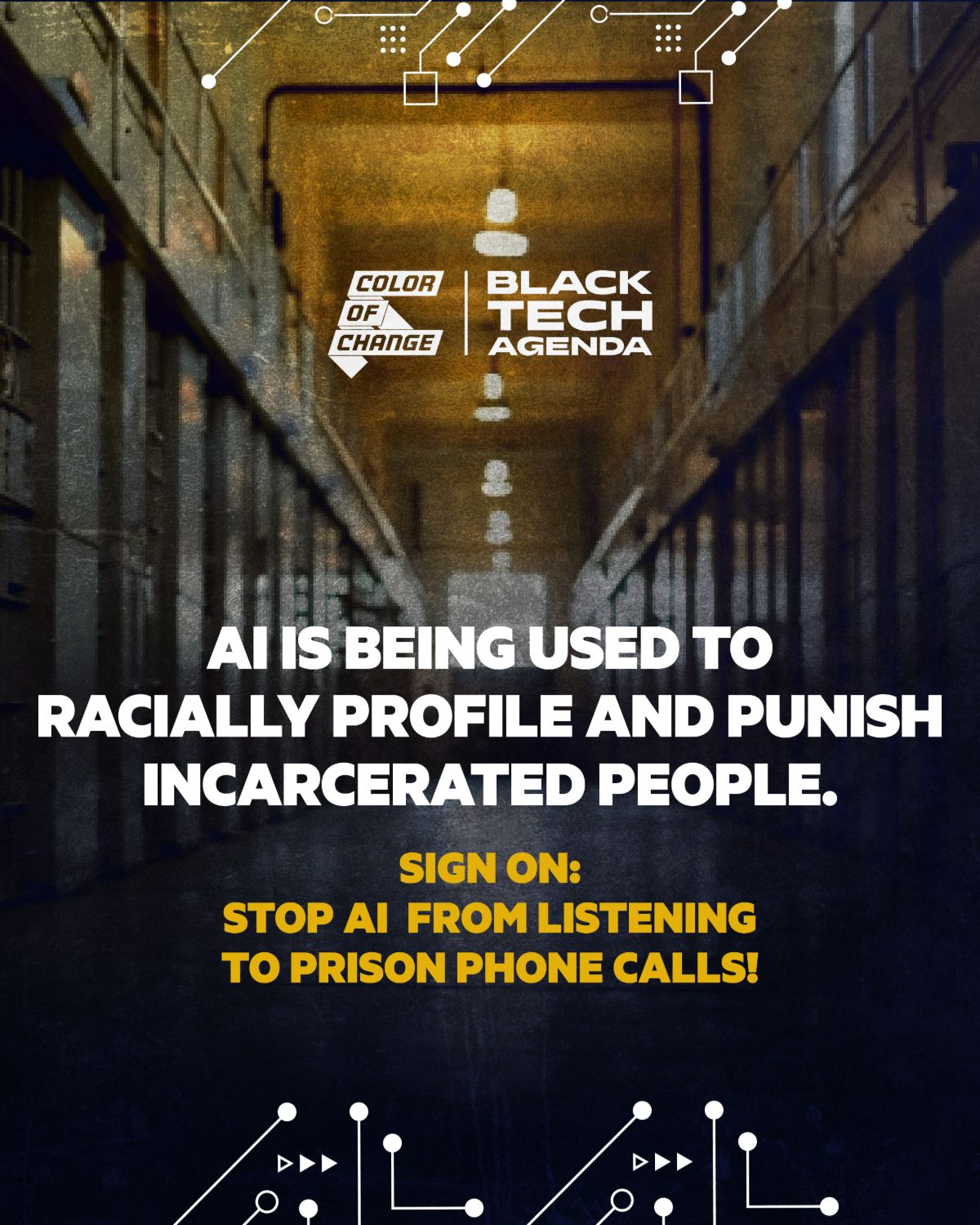 Graphic reading: AI is being used to racially profile and punish incarcerated people. Sign on: stop AI from listening to prison phone calls.