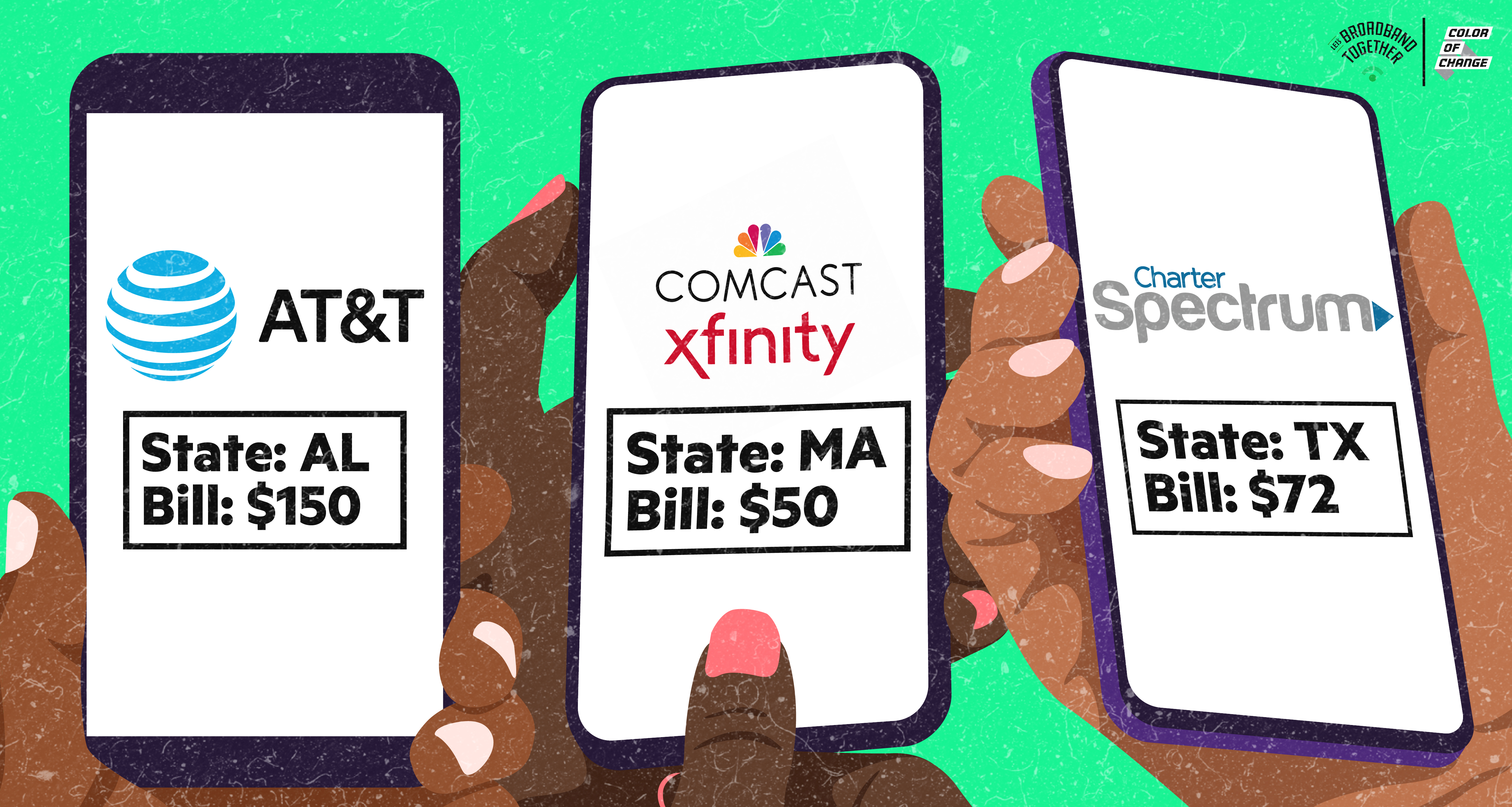 An image of hands holding smartphones with broadbills displayed from different states with different prices.