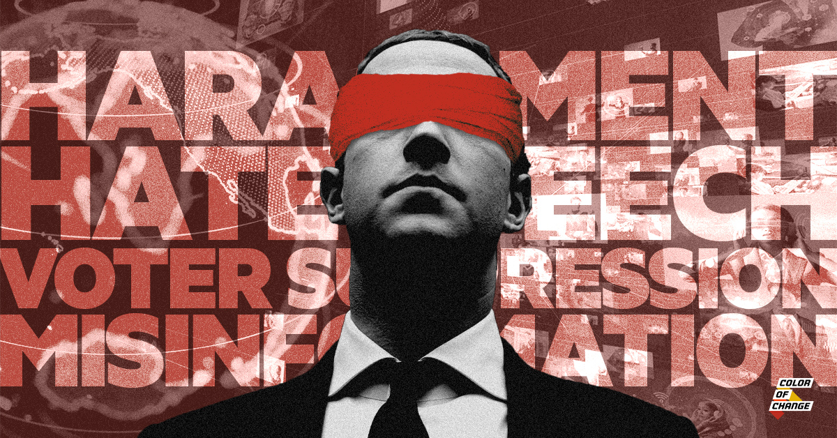 Image with red background features Mark Zuckerberg with a blindfold over his eyes. Over the read background are words like 