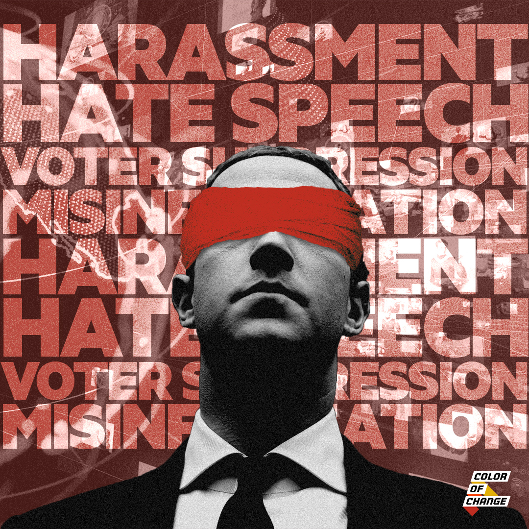 Image with red background features Mark Zuckerberg with a blindfold over his eyes. Over the read background are words like 