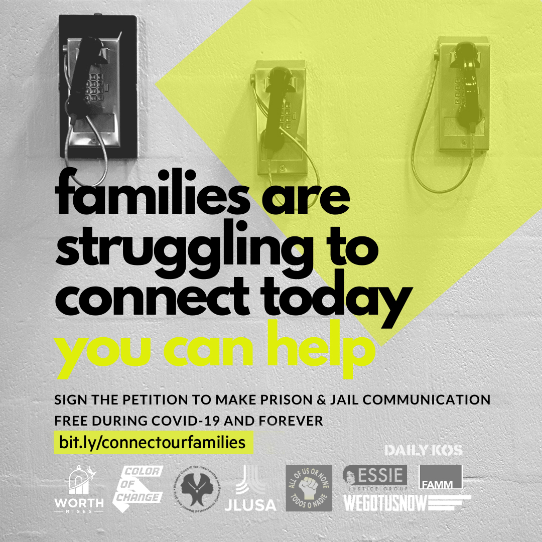 jail telephone image with text that reads, families are struggling to connect today. you can help