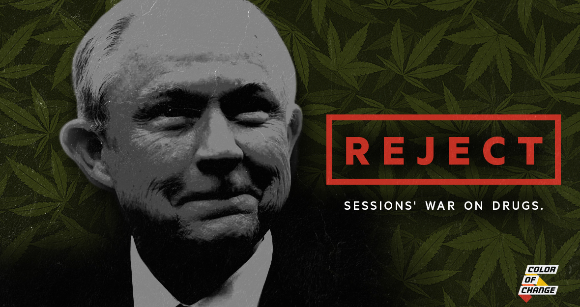 Black and white image of Jeff Sessions with marijuana leaves overlay. Text reads 