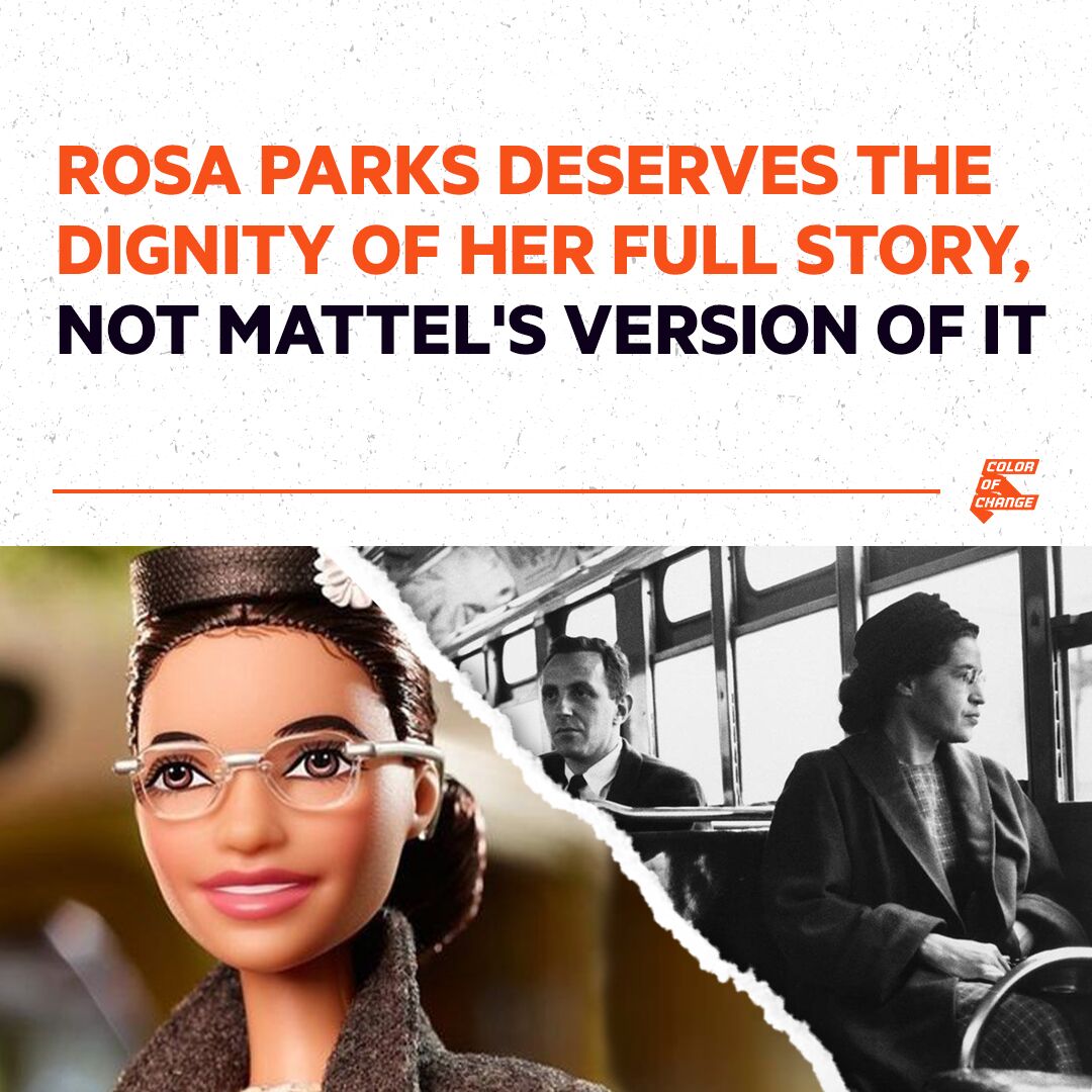 Photo of Rosa Parks contrasted with photo of Rosa Parks Barbie