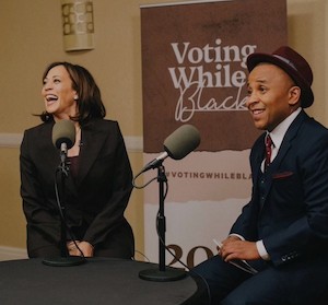 Pic of Kamala Harris and Rashad Robinson at a Voting While Black panel event