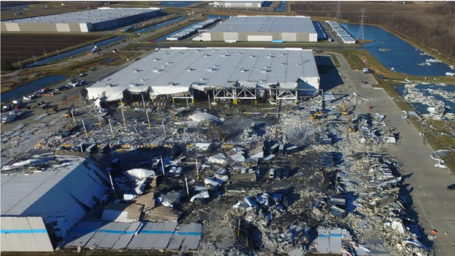 An image of the destroyed Amazon warehouse in Edwardsville, Illinois after the tornado.