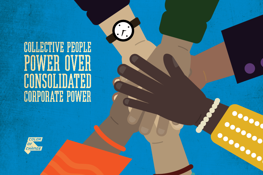 The text reads "collective people power over consolidated corporate power." The image shows hands, from different people, all in stacked on top of each other. 