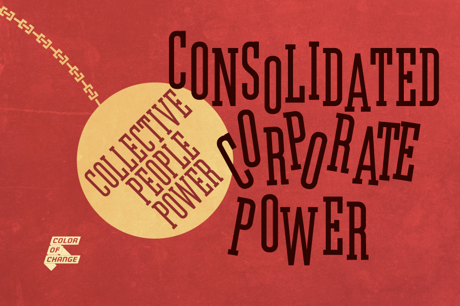 A wrecking ball that says "collective people power" knocking down the letters to the words "consolidated corporate power."