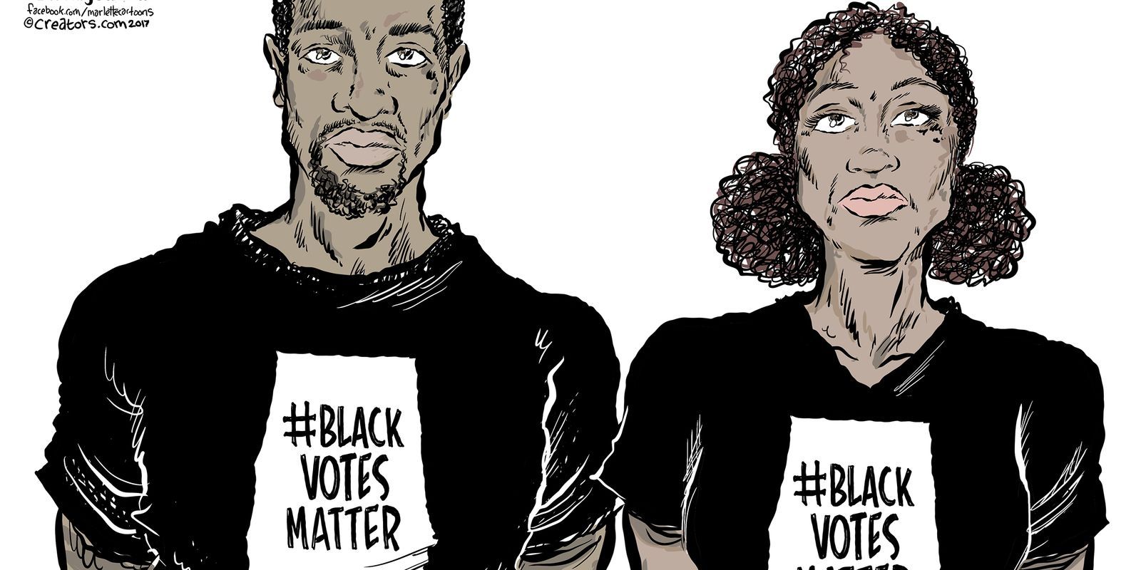 Two illustrated Black people wearing shirts that read 