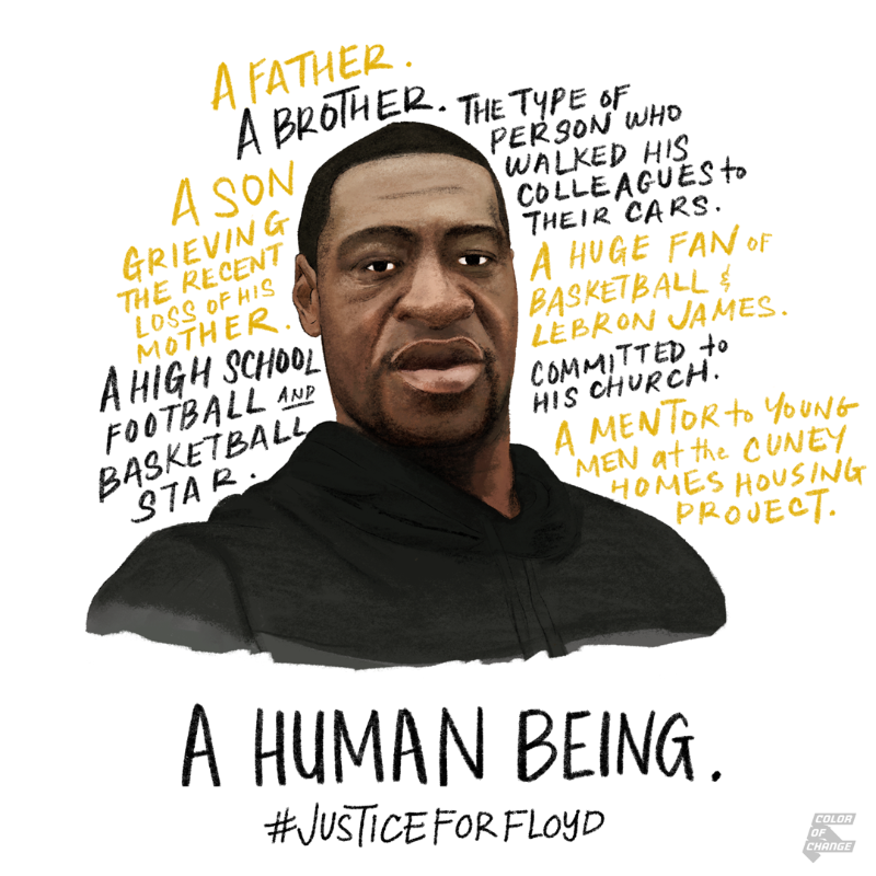 Illustrated picture of George Floyd, stating characteristics his family used to describe him