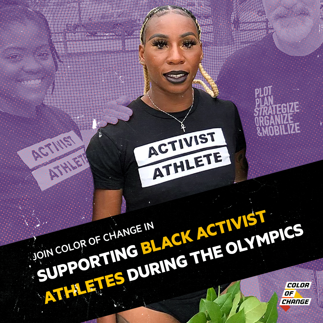 Gwen Berry wearing a black t-shirt that says "Activist Athlete." The image says "Join Color Of Change in supporting Black activist athletes during the Olympics." In the bottom right corner is the Color Of Change logo.