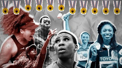 A graphic with images of Naomi Osaka, Gwen Berry, and Allyson Felix. Across the top of the graphic is a line of gold medals hanging, with a picture of a torch on each medal.